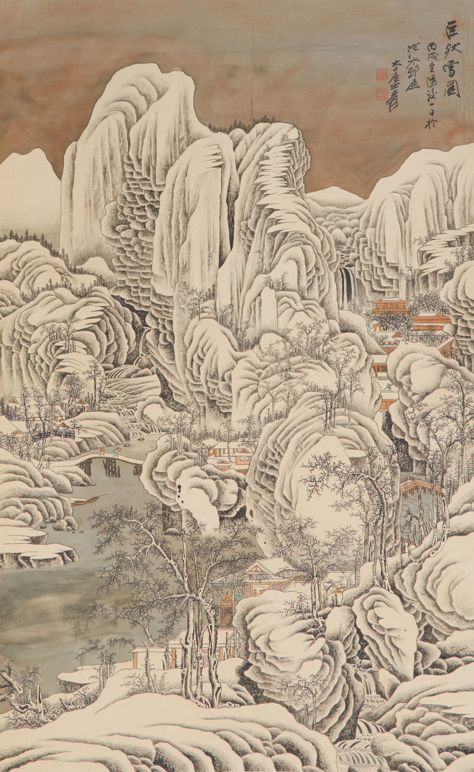 A SILK PAINTING "SNOWY LANDSCAPE" BY ZHANG DAQIAN.张大千: Silk painting "Snowy Landscape" by Zhang Daqian.张大千