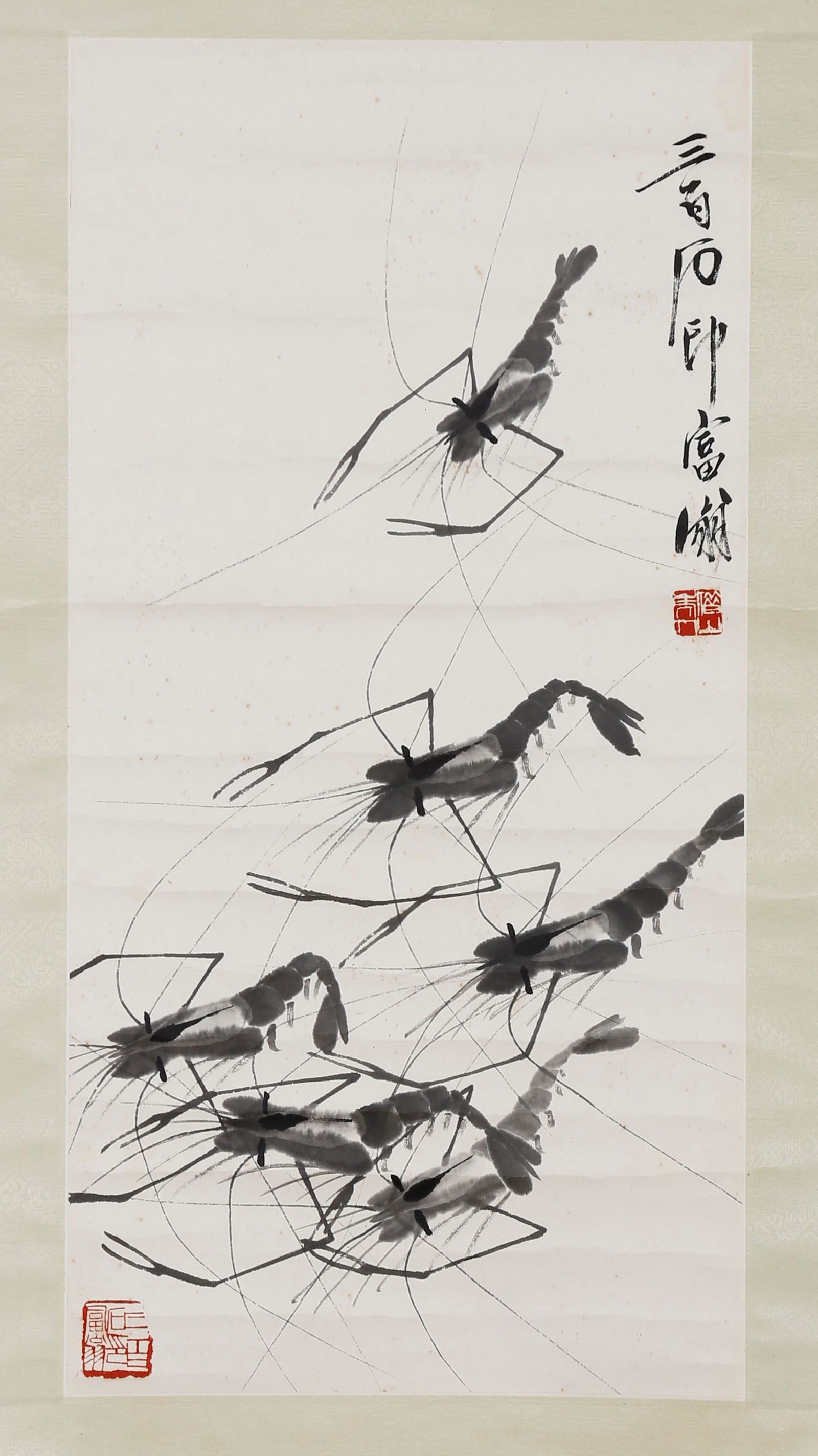 A PAPER PAINTING BY QI BAISHI OF SHRIMP.齐白石: Paper painting by Qi Baishi of shrimp.齐白石