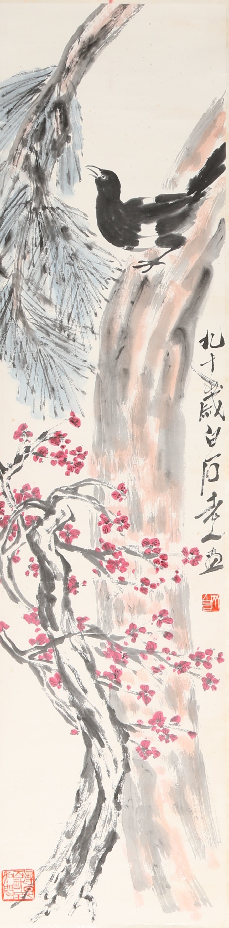 A PAPER PAINTING OF FLOWERS AND BIRDS BY QI BAISHI.齐白石: Paper painting of flowers and birds by Qi Baishi.齐白石