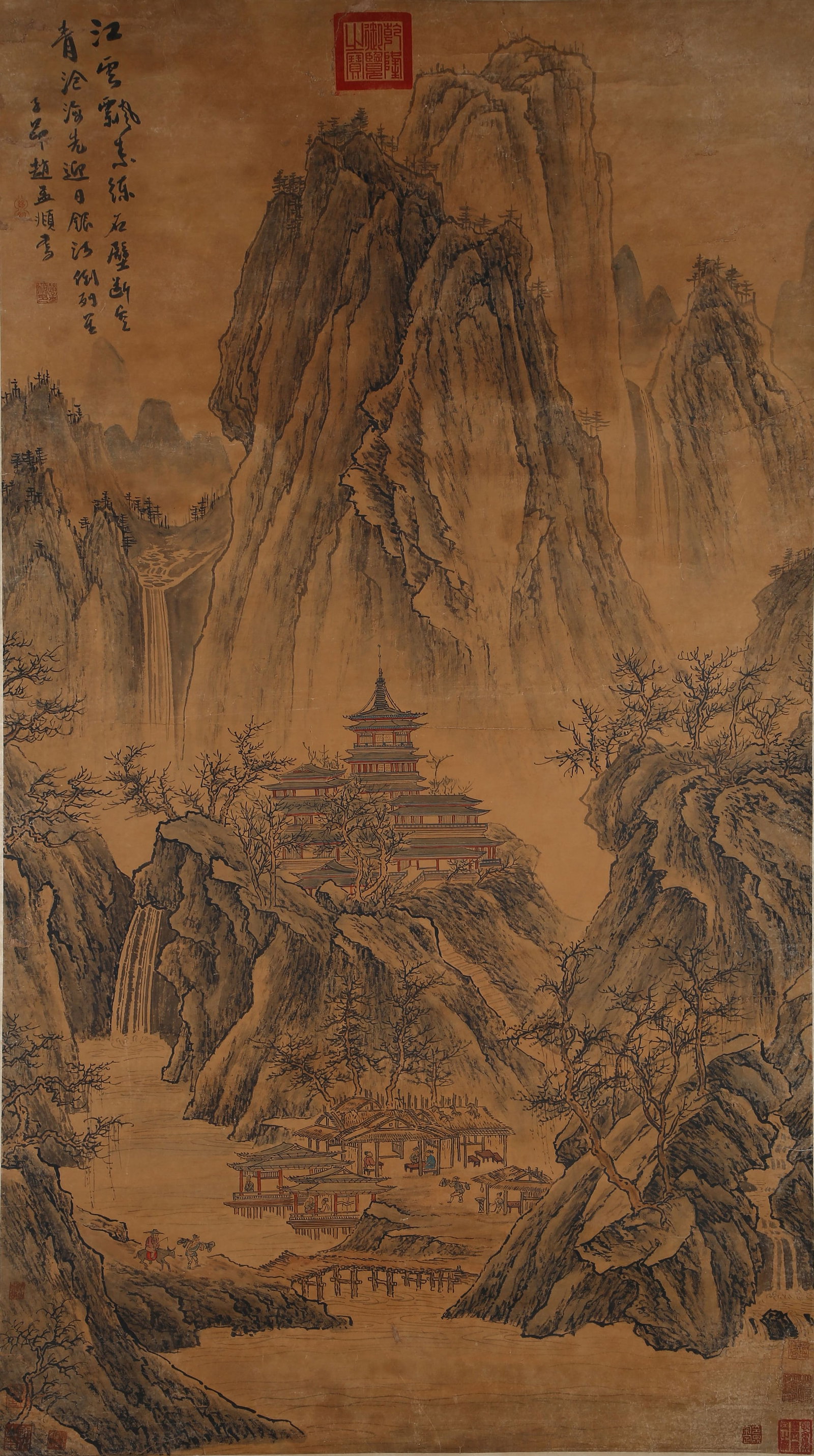 A PAPER PAINTING OF LANDSCAPE AND PAVILIONS BY ZHAO MENGFU.赵孟頫: Paper Painting of Landscape and Pavilions by Zhao Mengfu.赵孟頫