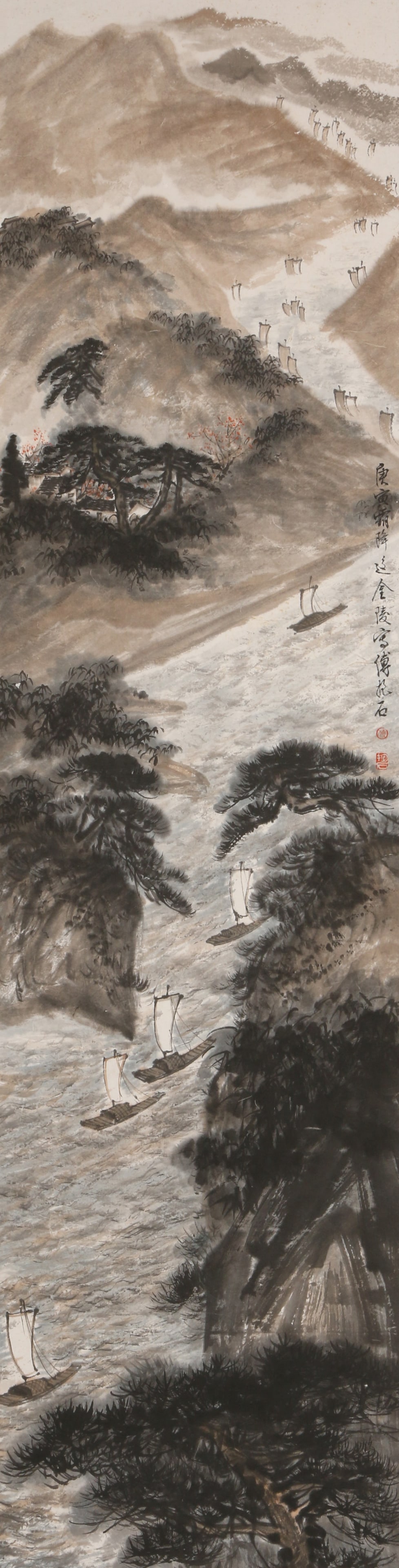 A PAPER PAINTING BY FU BAOSHI OF "THOUSANDS OF SAILS RACING" (FRAMED).傅抱石: Paper painting by Fu Baoshi of "Thousands of Sails Racing" (framed).傅抱石