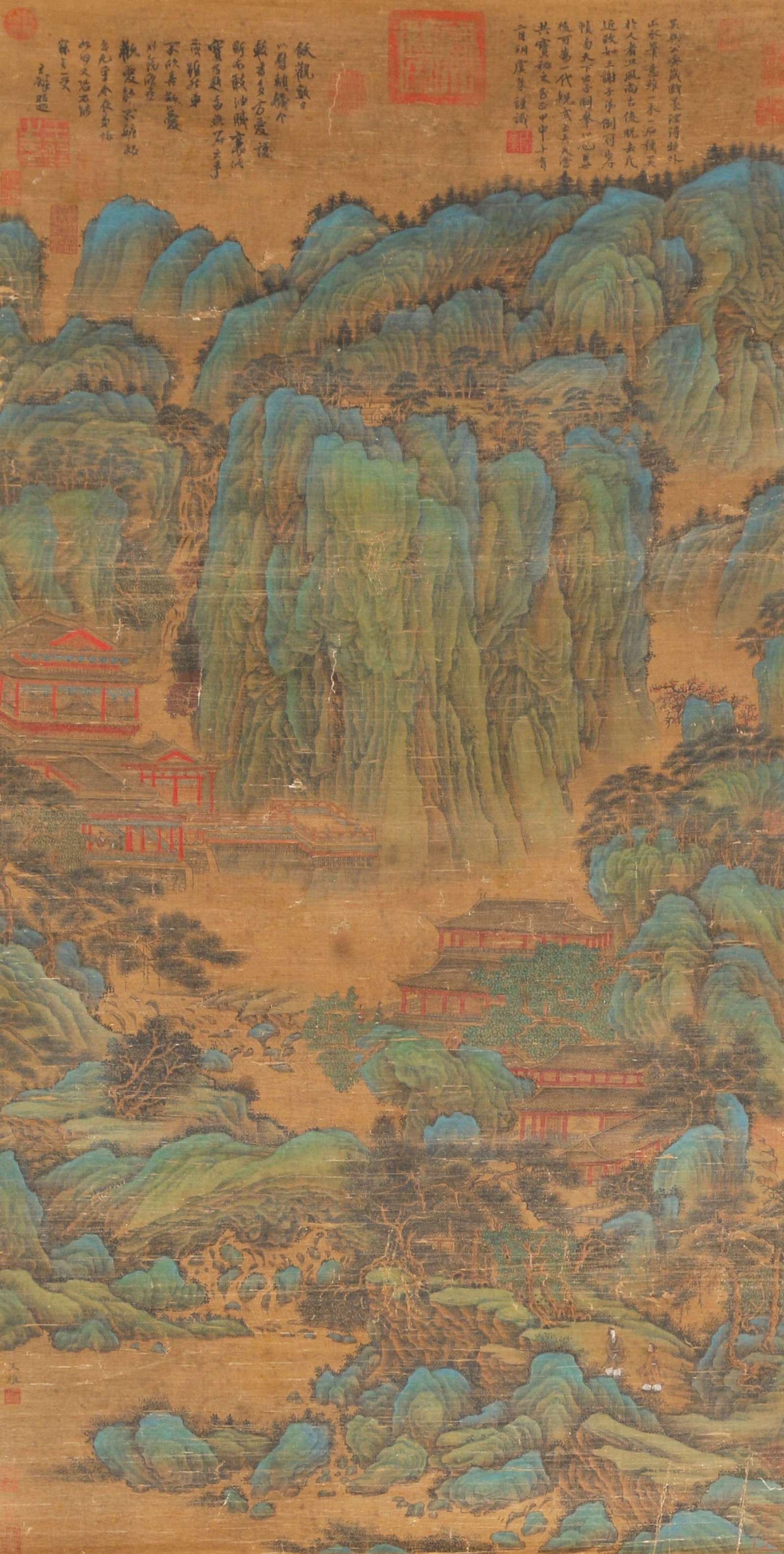 A SILK PAINTING OF LANDSCAPES AND PAVILIONS BY WANG WEI.王维: Silk painting of landscapes and pavilions by Wang Wei.王维