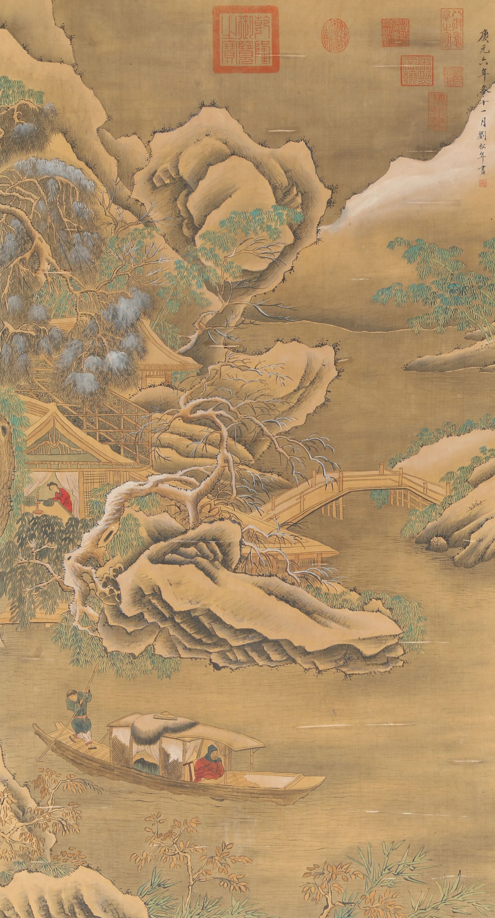 A SILK PAINTING BY LIU SONGNIAN OF LANDSCAPE AND FIGURES.刘松年: Silk Painting by Liu Songnian of Landscape and Figures.刘松年