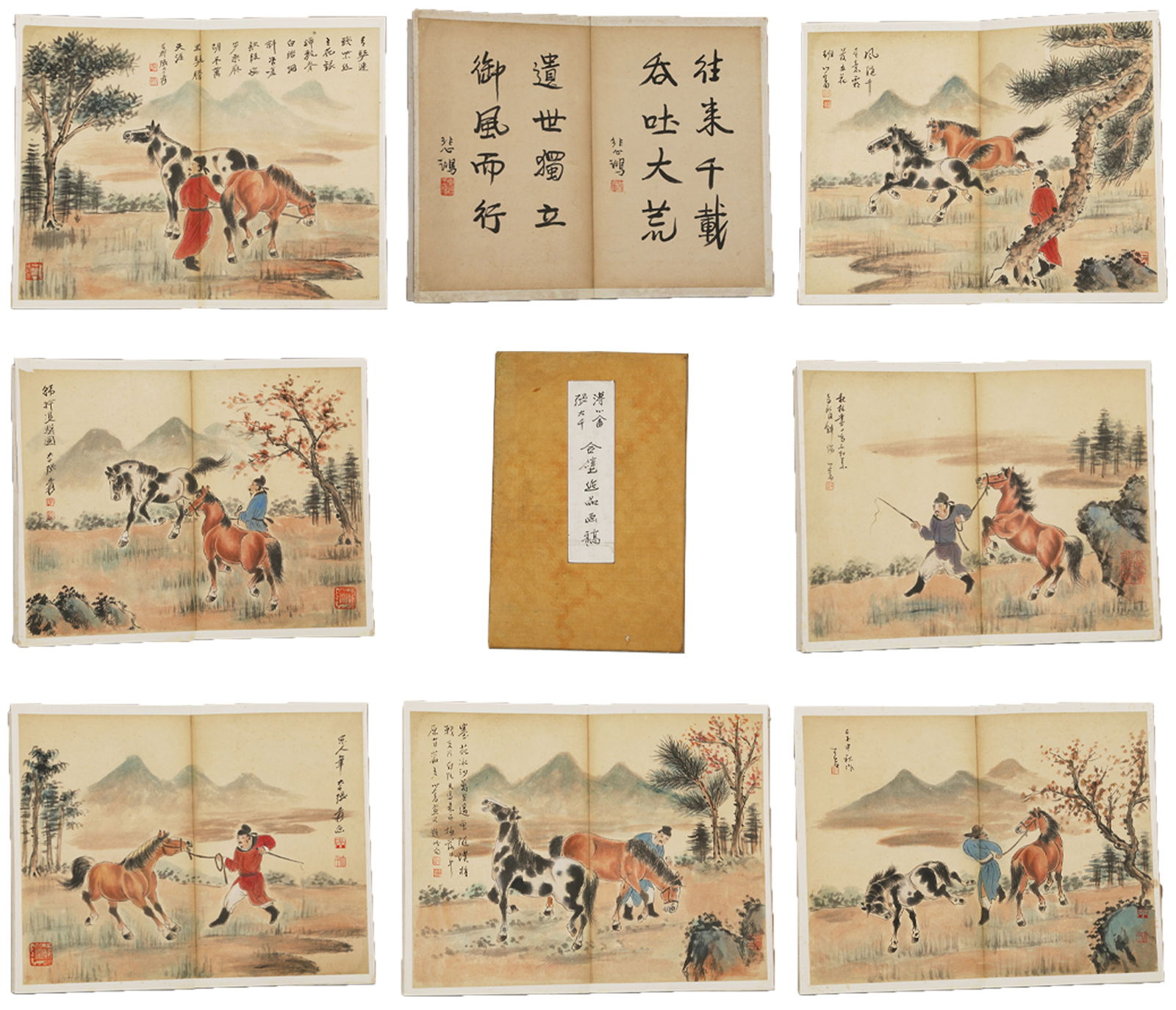 A PAPER PAINTING OF HUMAN AND HORSE PAINTING ALBUM (15 PAGES) BY ZHANG DAQIAN AND PU RU.张: Paper Painting of Human and Horse Painting Album (15 pages) by Zhang Daqian and Pu Ru.张大千溥儒