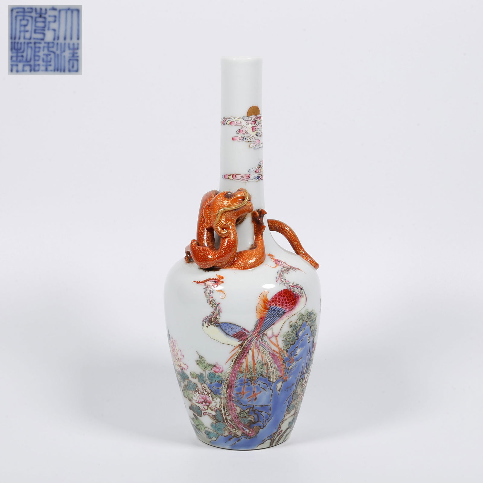 A FAMILLE ROSE FLOWER AND BIRD PATTERN LONG NECK VASE (1 of 9)