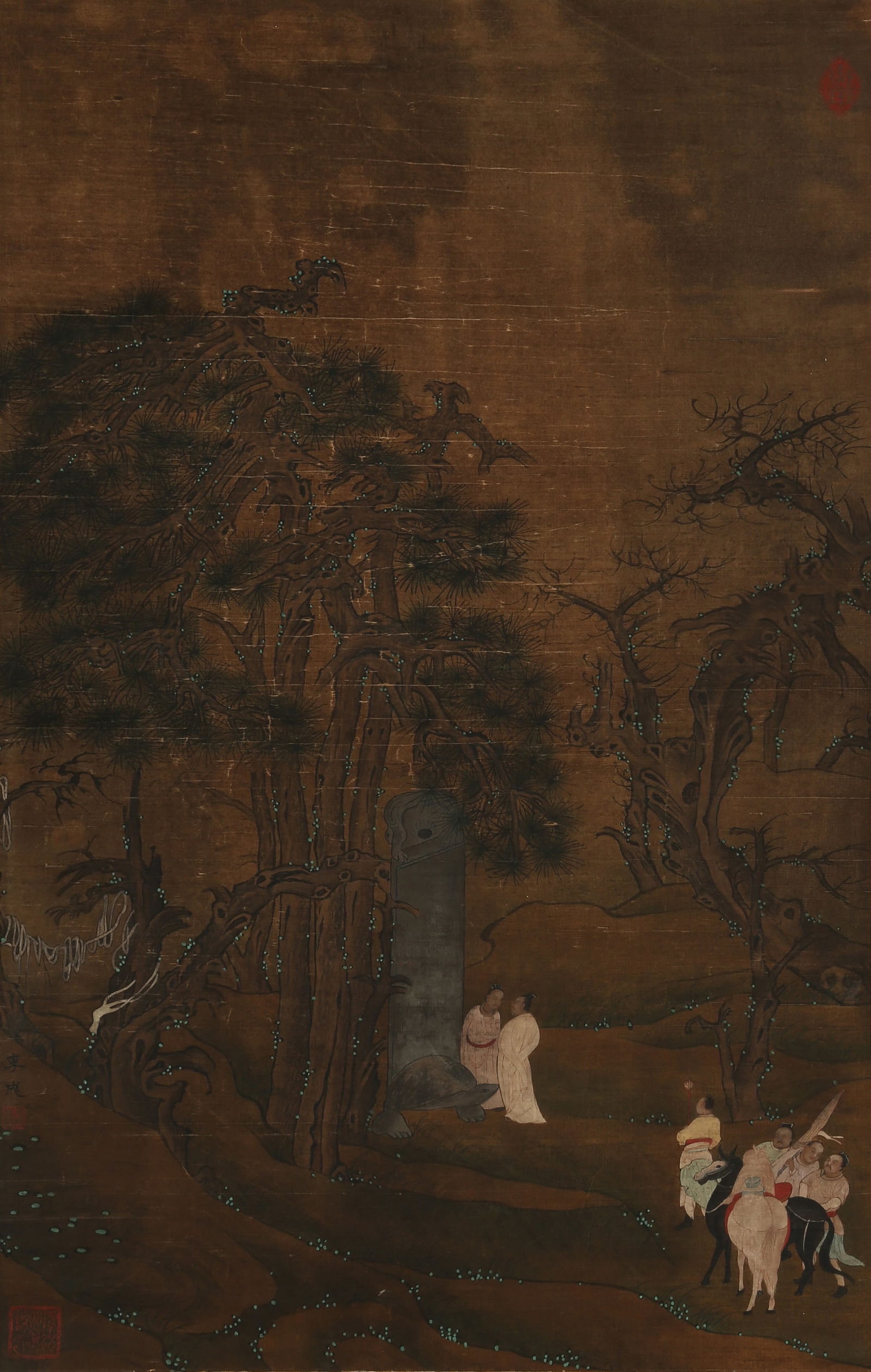 A SILK PAINTING OF A NARRATIVE SCENE BY LI CHENG.李成: Silk painting of a Narrative Scene by Li Cheng.李成