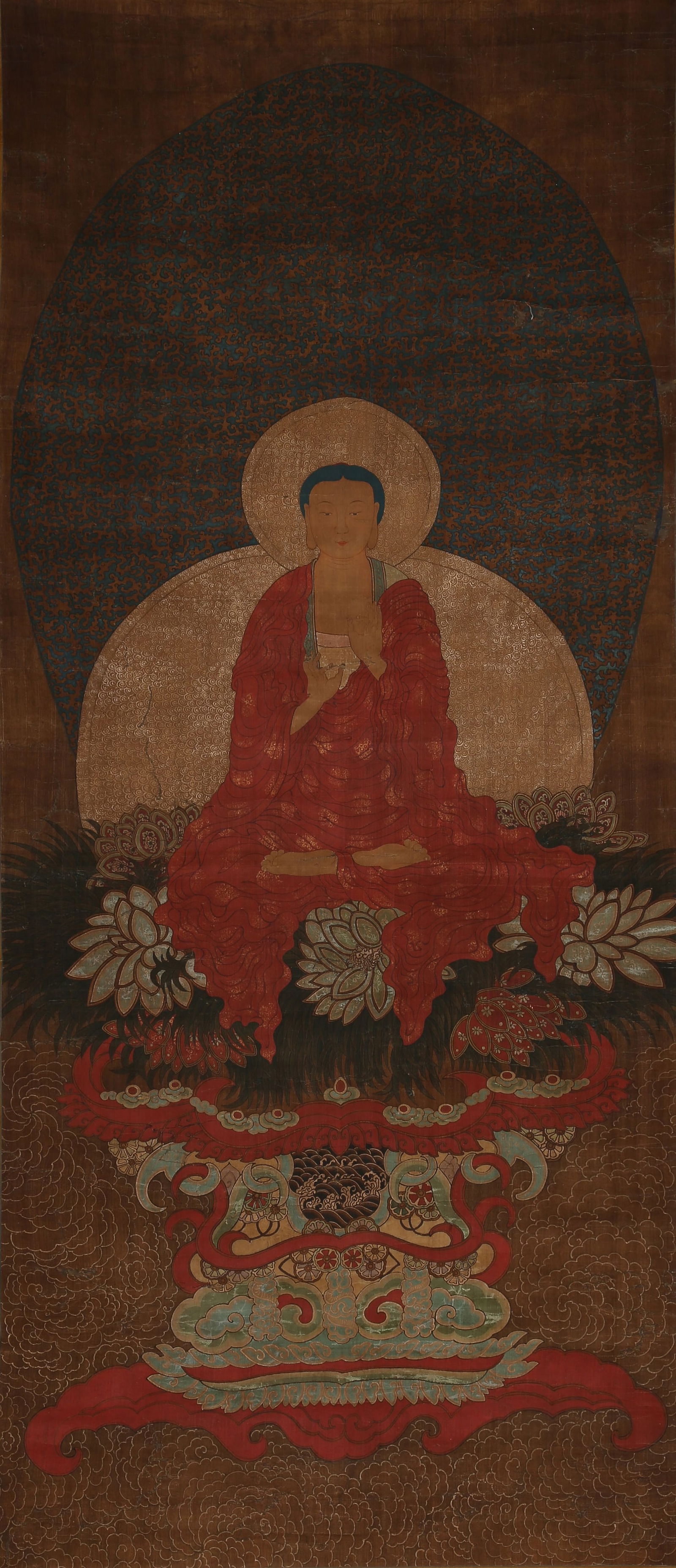 A SILK PAINTING OF SHAKYAMUNI.: Silk painting of Shakyamuni.