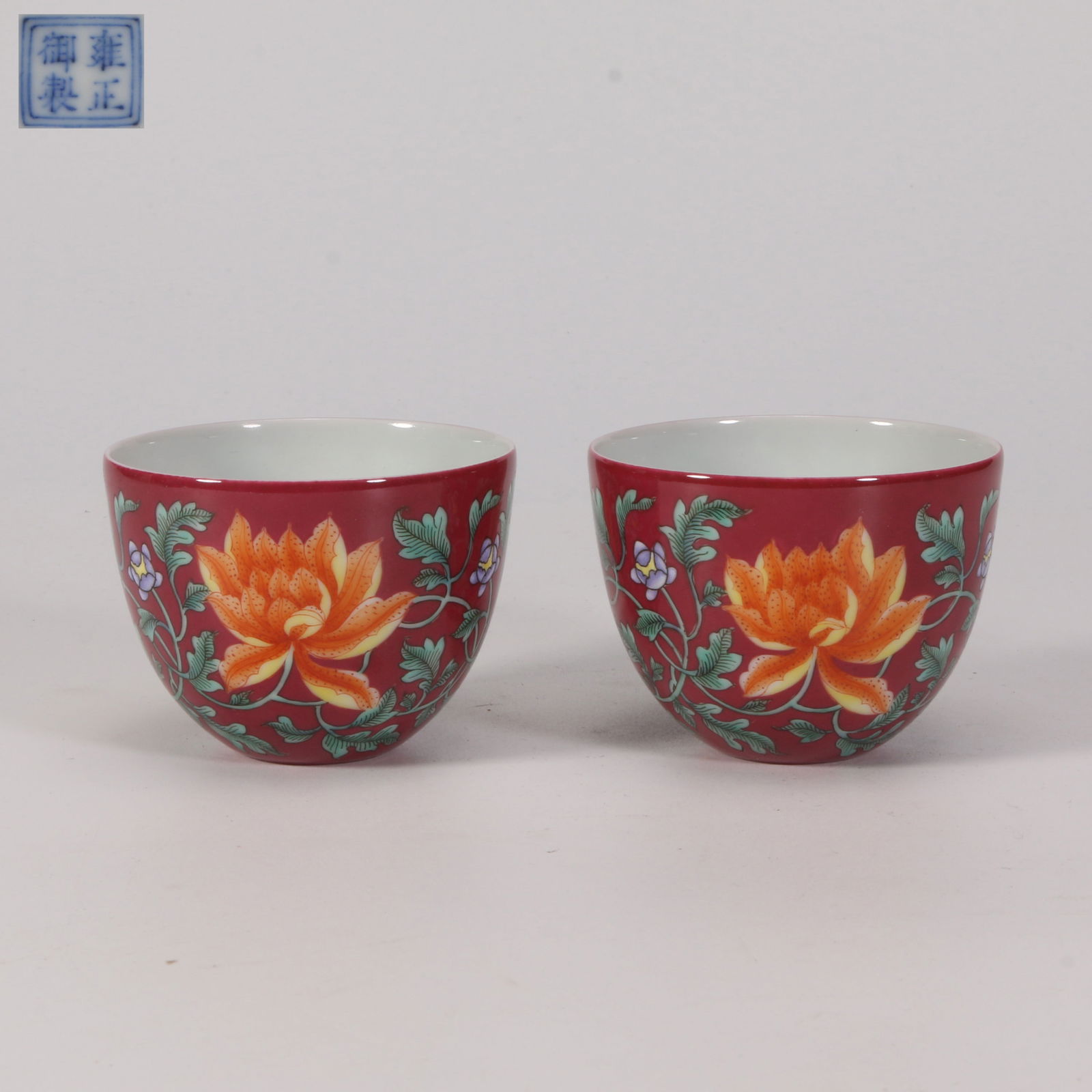 A CARMINE RED GROUND WITH WESTERN-STYLE ENTWINED FLOWER PATTERN LOW FOOTED CUPS (SET) (1 of 8)