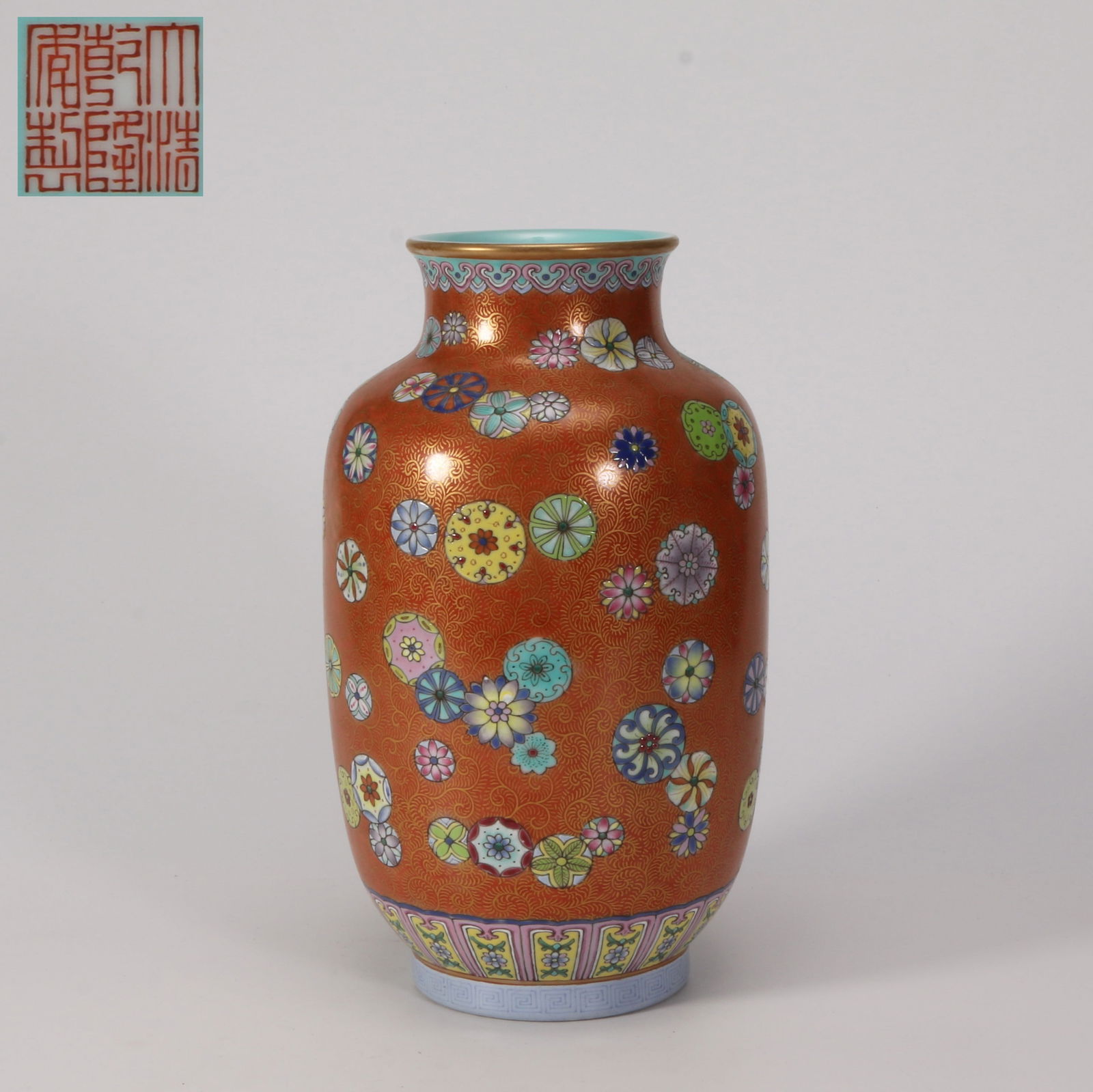 A CORAL RED GROUND WITH PASTEL PIQUET FLOWER PATTERN LANTERN VASE (1 of 9)
