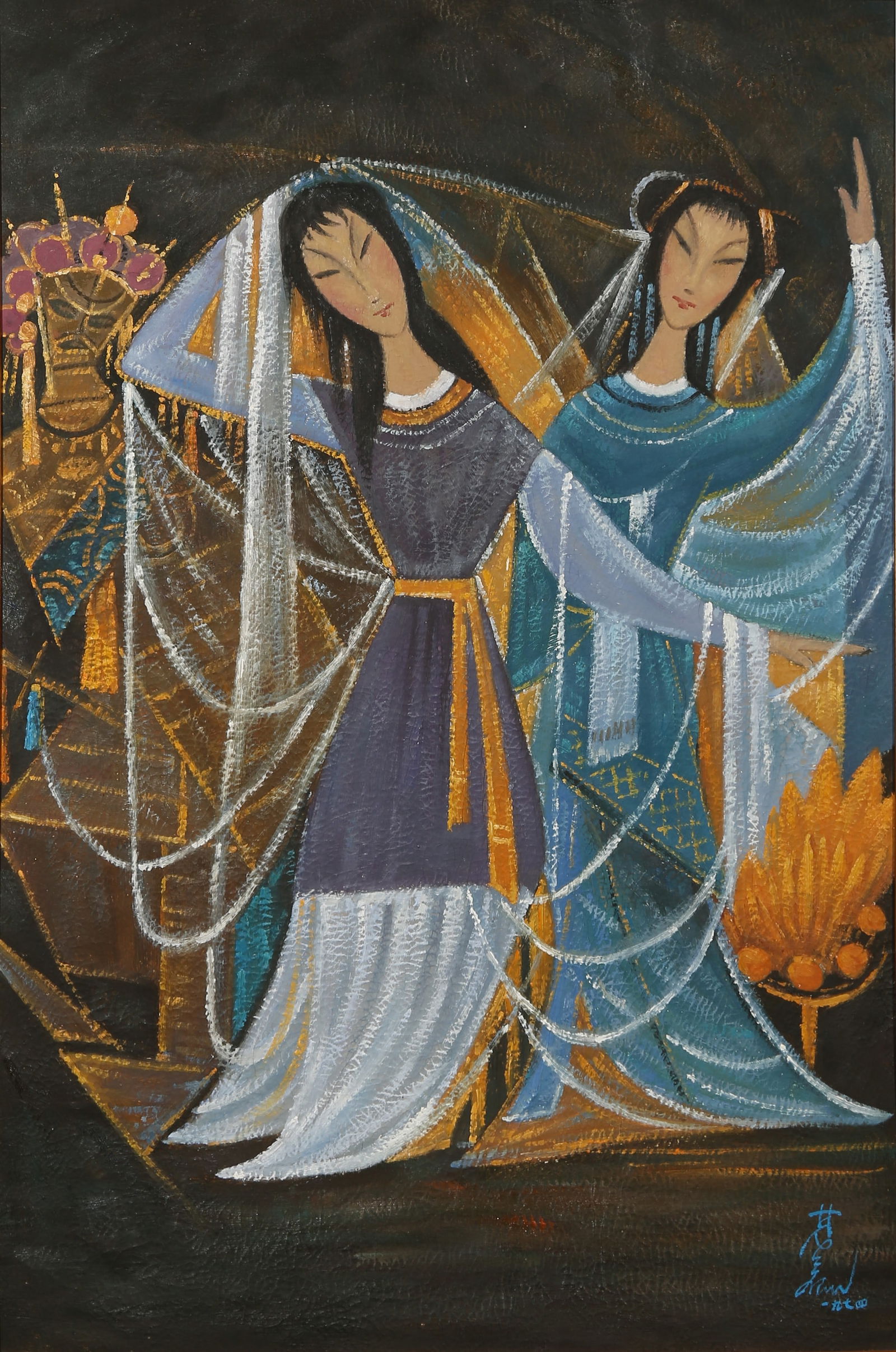 A FRAMED OPERA FIGURES OIL PAINTING BY LIN FENGMIAN.林风眠 (1 of 8)