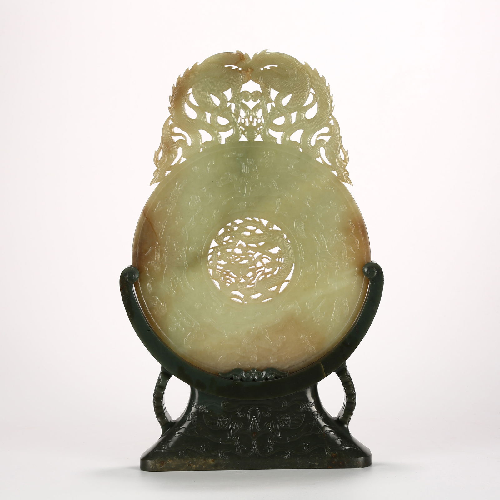 A HETIAN YELLOW JADE "HUNTING SCENE WITH DRAGON PATTERN" CIRCULAR DISC WITH JADE BASE: Hetian Yellow Jade "Hunting Scene with Dragon Pattern" Circular Disc with Jade Base