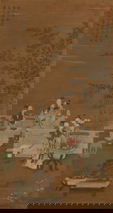 A SILK PAINTING OF COURTYARD LADIES BY QIU YING.仇英: Silk painting of courtyard ladies by Qiu Ying.仇英