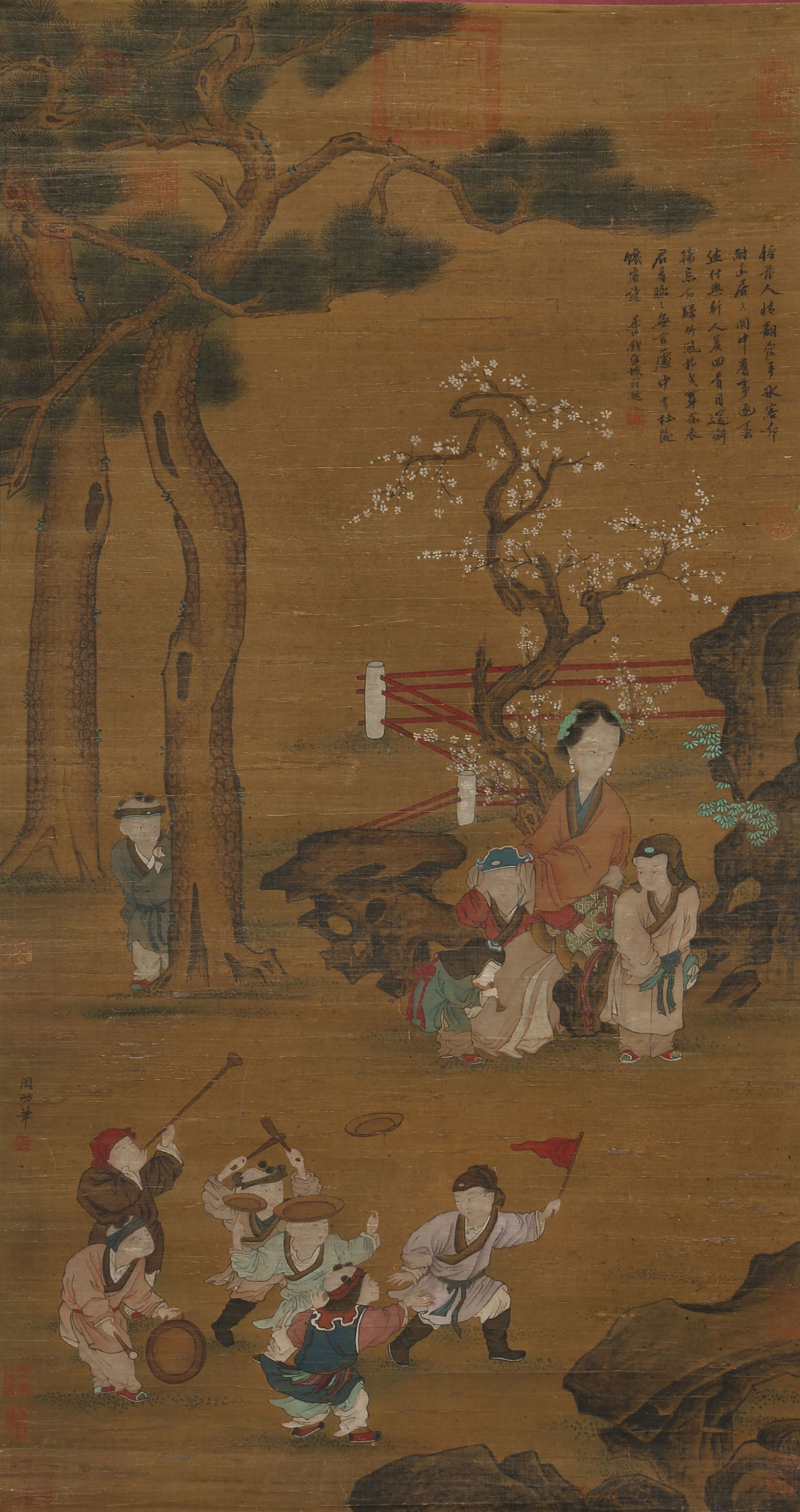 A SILK PAINTING OF FIGURES AND STORIES BY ZHOU FANG.周昉: Silk painting of figures and stories by Zhou Fang.周昉