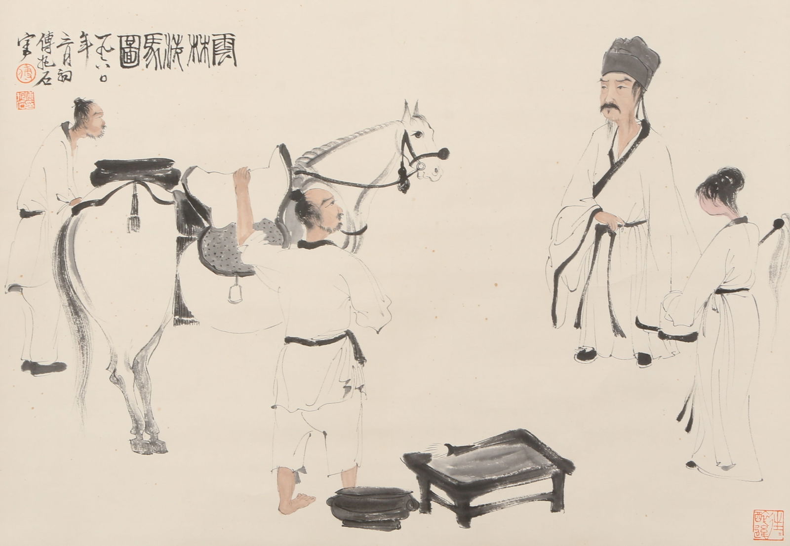 A MAN AND HORSE PAINTING ON PAPER BY FU BAOSHI.傅抱石: Man and Horse Painting on Paper by Fu Baoshi.傅抱石