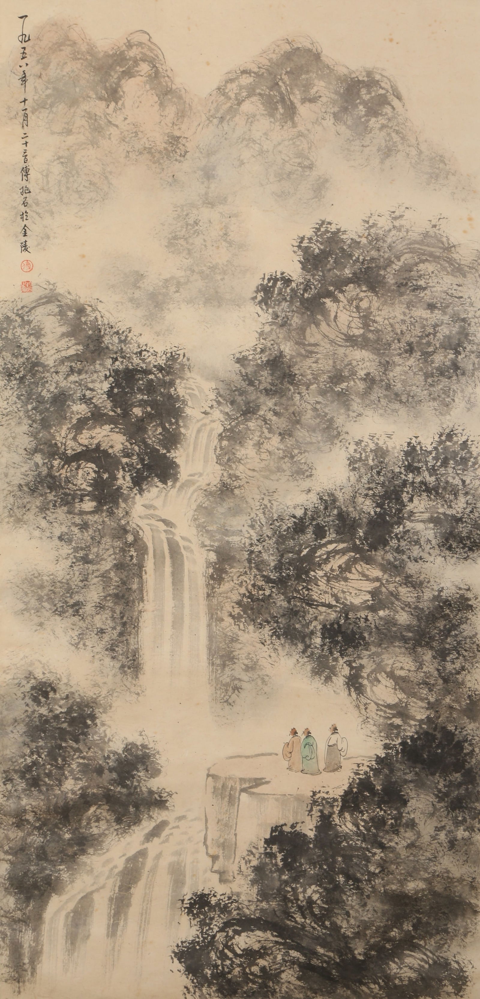 A PAPER LANDSCAPE AND FIGURES PAINTING BY FU BAOSHI.傅抱石: Paper Landscape and Figures Painting by Fu Baoshi.傅抱石