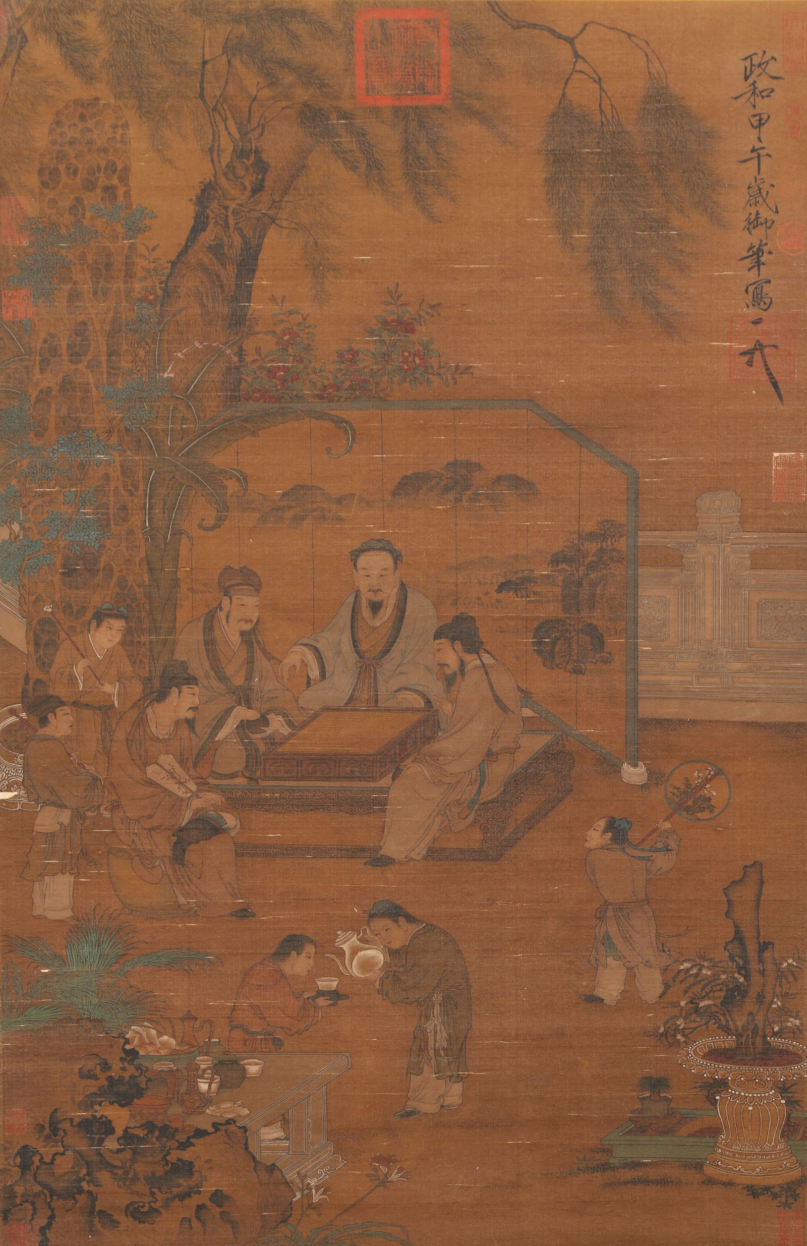 A EIGHTEEN SCHOLARS PLAYING CHESS PAINTING ON SILK BY EMPEROR HUIZONG OF SONG.宋徽 (1 of 9)