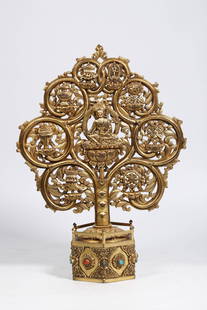 A GILT-BRONZE PADMASAMBHAVA STATUE INLAID WITH GEMSTONES: Gilt-Bronze Padmasambhava Statue Inlaid with Gemstones