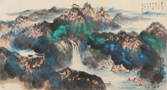 A LANDSCAPE PAINTING ON PAPER, MOUNTED AS HANGING SCROLL, BY ZHANG DAQIAN.张大千: Landscape painting on paper, mounted as hanging scroll, by Zhang Daqian.张大千