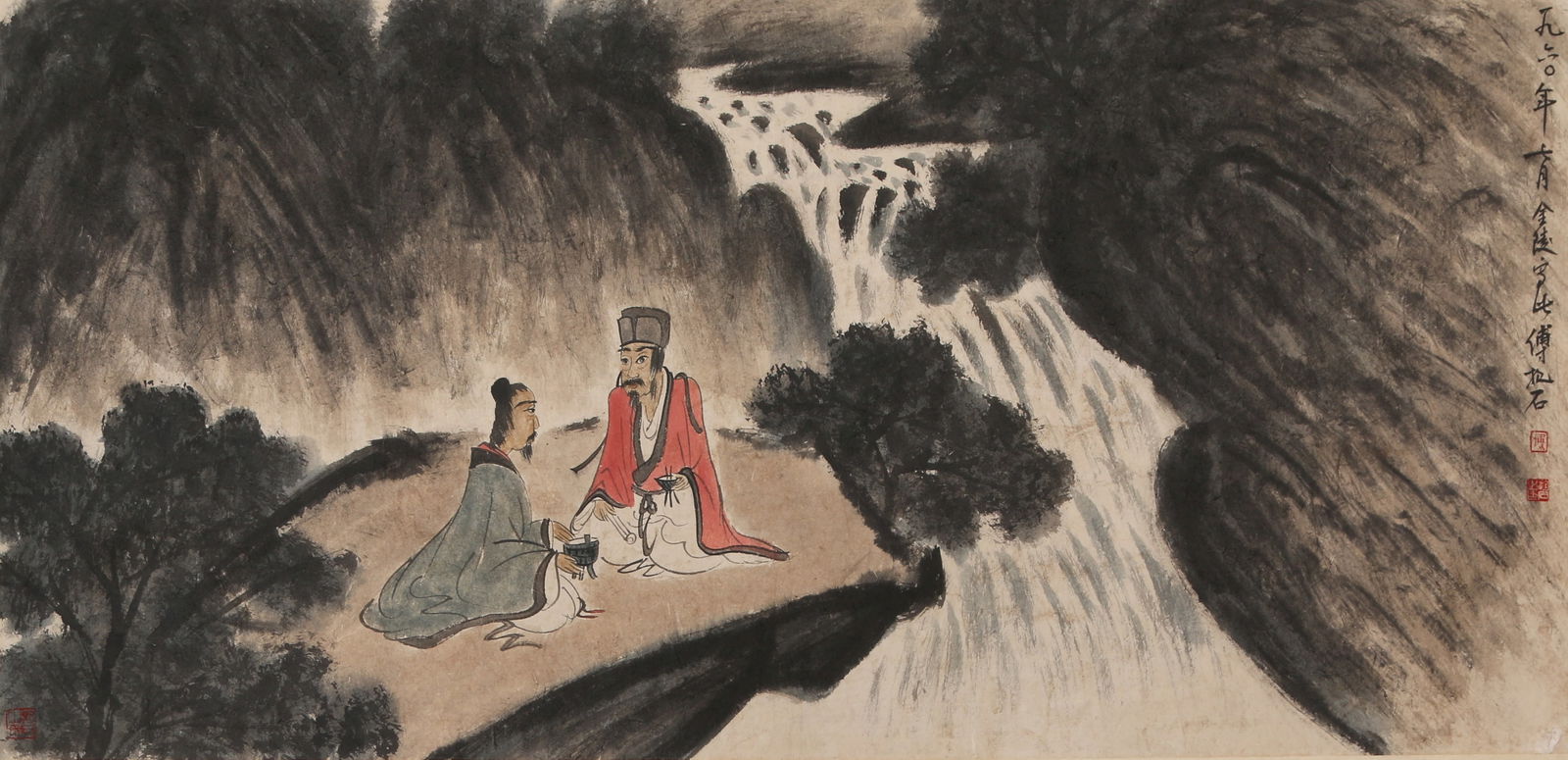 A LANDSCAPE AND FIGURE PAINTING ON PAPER, MOUNTED AS HANGING SCROLL, BY FU BAOSHI.傅抱: Landscape and figure painting on paper, mounted as hanging scroll, by Fu Baoshi.傅抱石