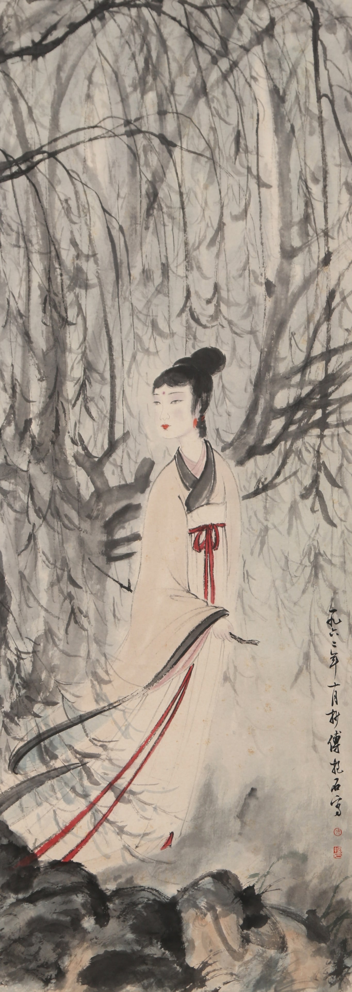 A LADY PAINTING ON PAPER BY FU BAOSHI.傅抱石: Lady Painting on Paper by Fu Baoshi.傅抱石
