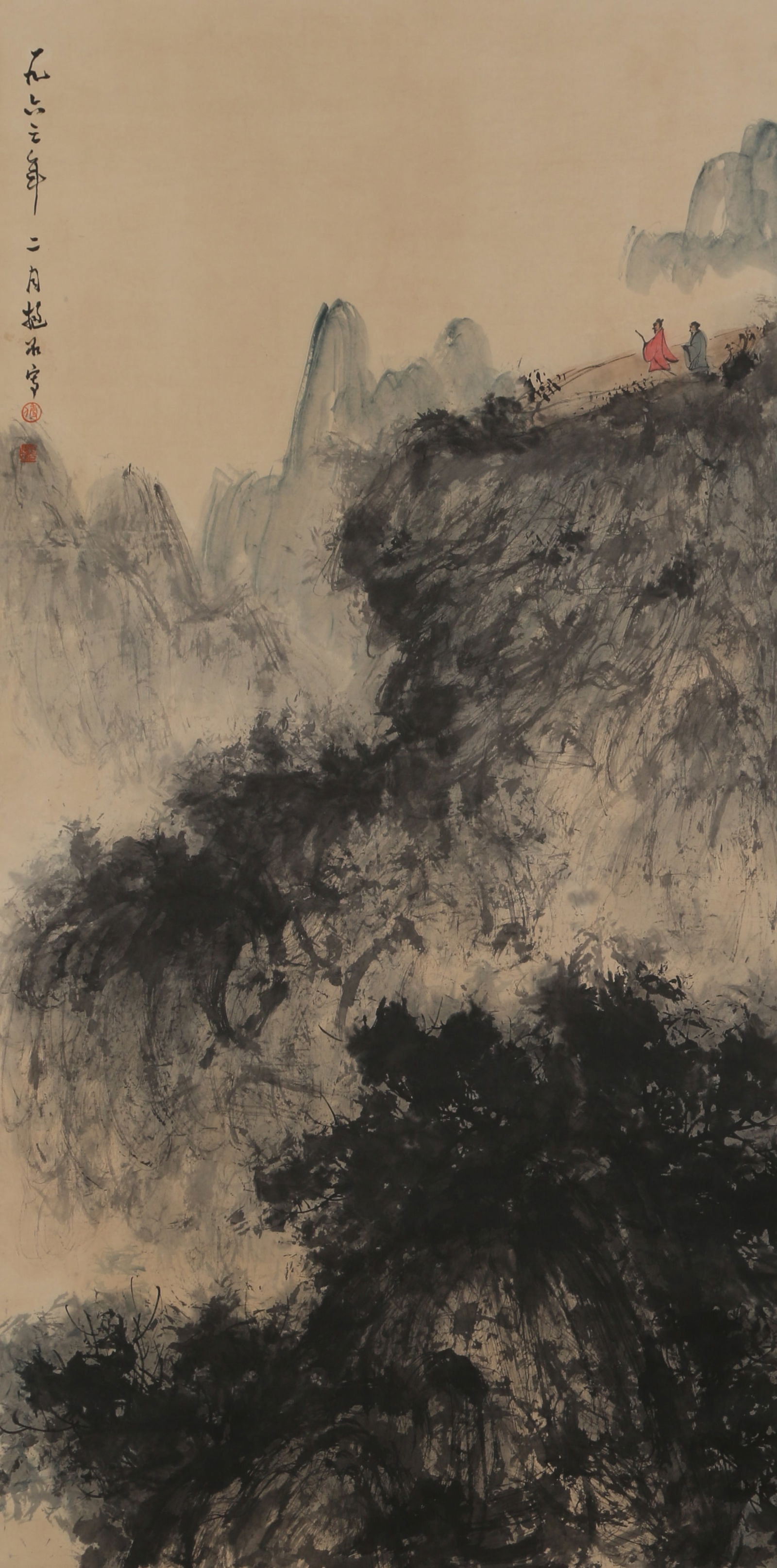 A LANDSCAPE AND FIGURE PAINTING ON PAPER BY FU BAOSHI.傅抱石: Landscape and Figure Painting on Paper by Fu Baoshi.傅抱石