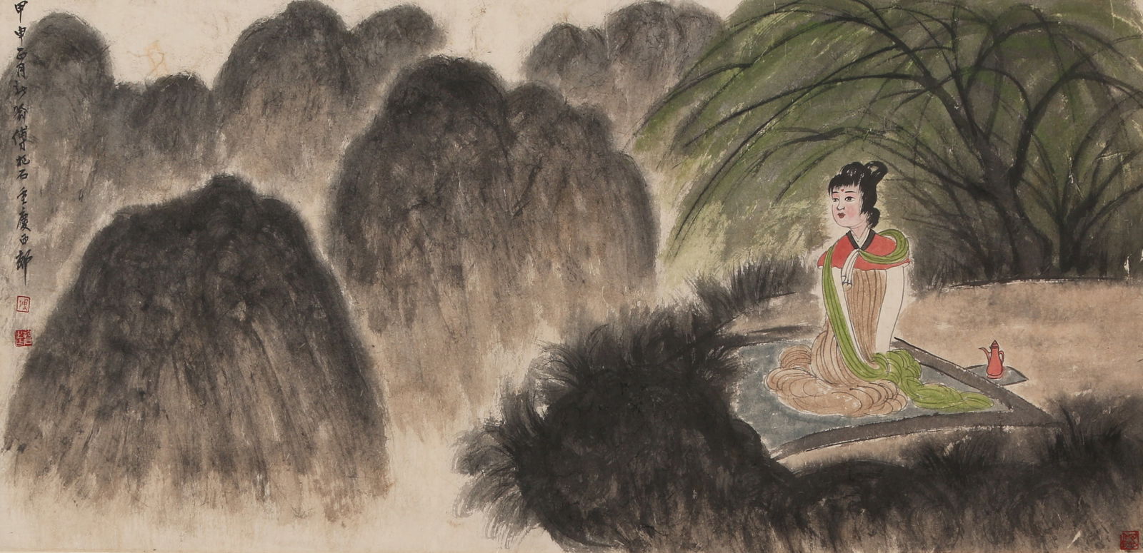 A LANDSCAPE AND FIGURE PAINTING ON PAPER, MOUNTED AS HANGING SCROLL, BY FU BAOSHI.傅抱: Landscape and figure painting on paper, mounted as hanging scroll, by Fu Baoshi.傅抱石