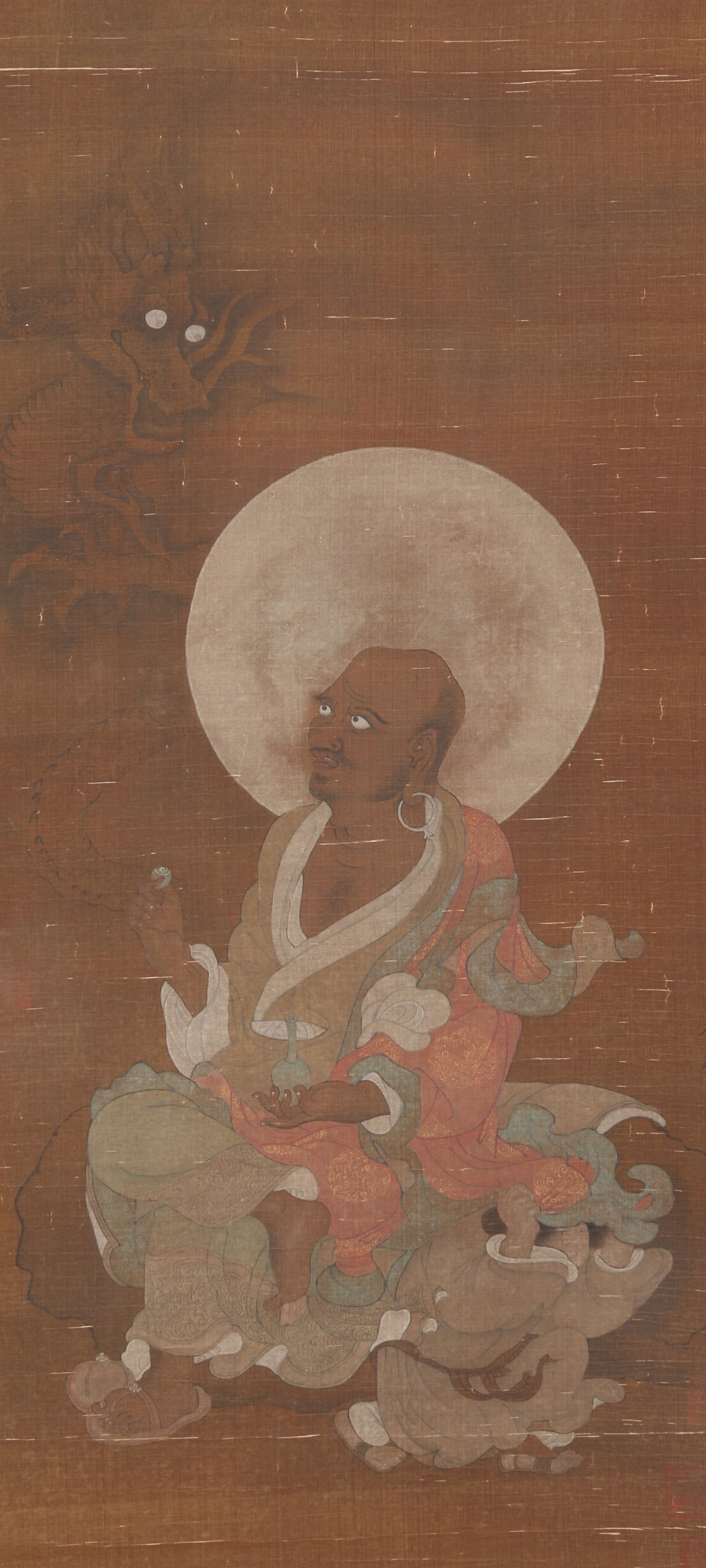 A SILK PAINTING OF ARHATS BY JIN DASHOU.金大受: Silk painting of Arhats by Jin Dashou.金大受