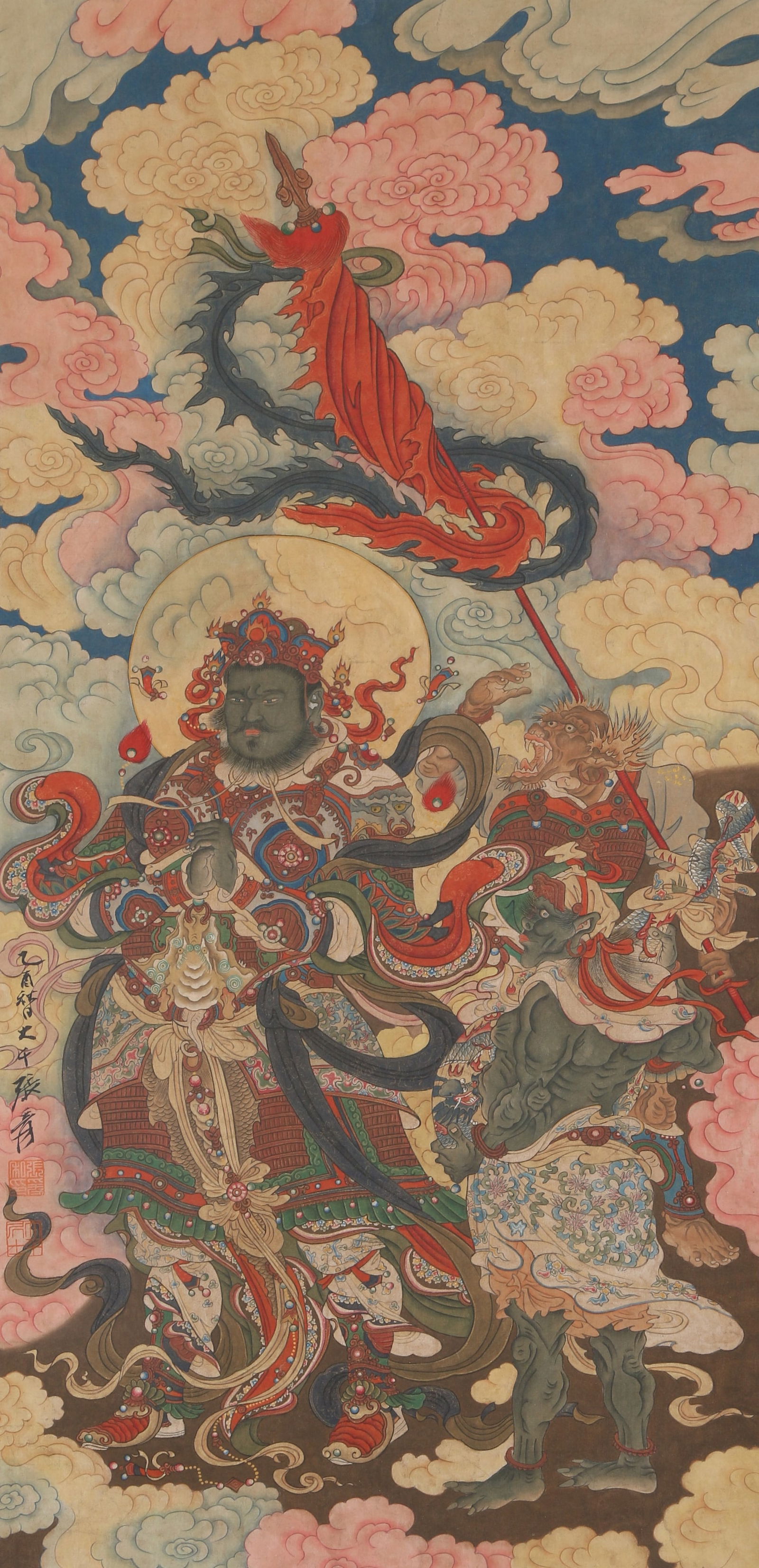 A SILK PAINTING OF IMMORTALS BY ZHANG DAQIAN.张大千: Silk painting of immortals by Zhang Daqian.张大千