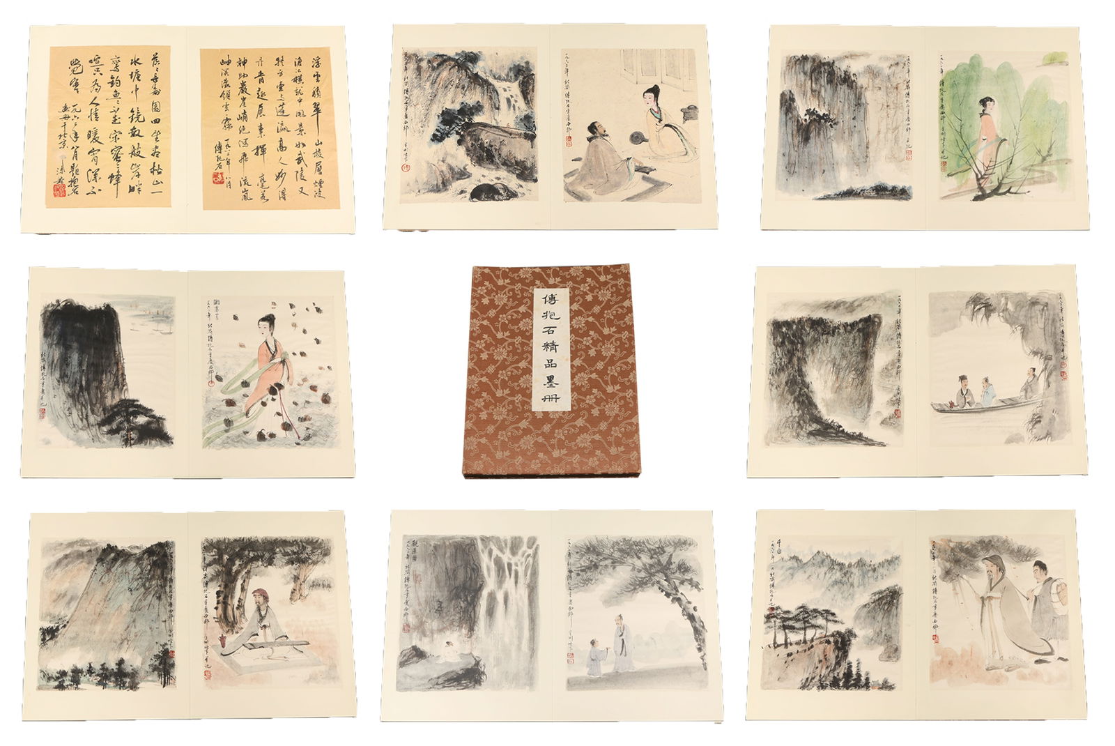 A PAPER ALBUM OF "LANDSCAPES AND FIGURES" BY FU BAOSHI (7 PAGES).傅抱石: Paper Album of "Landscapes and Figures" by Fu Baoshi (7 Pages).傅抱石