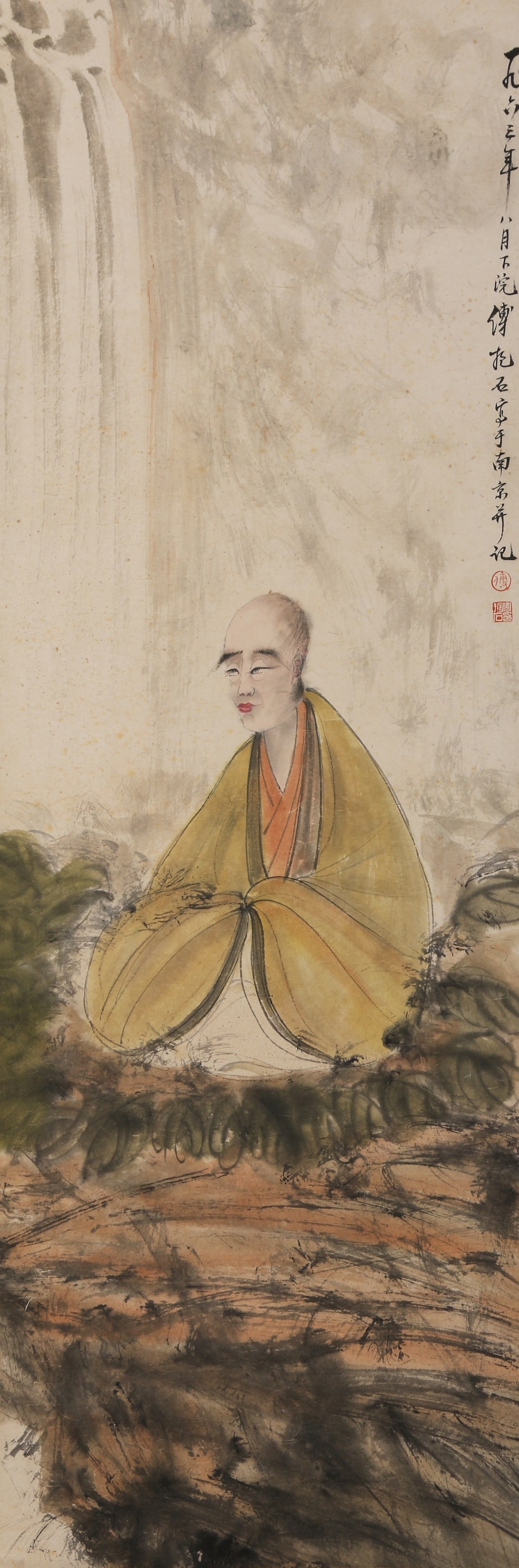 A ARHAT PAINTING ON PAPER BY FU BAOSHI.傅抱石: Arhat Painting on Paper by Fu Baoshi.傅抱石