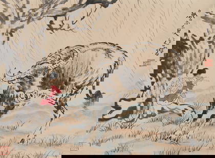A CATTLE HERDING PAINTING ON PAPER BY XU BEIHONG.徐悲鸿: Cattle Herding Painting on Paper by Xu Beihong.&#24464;&#24754;&#40511;