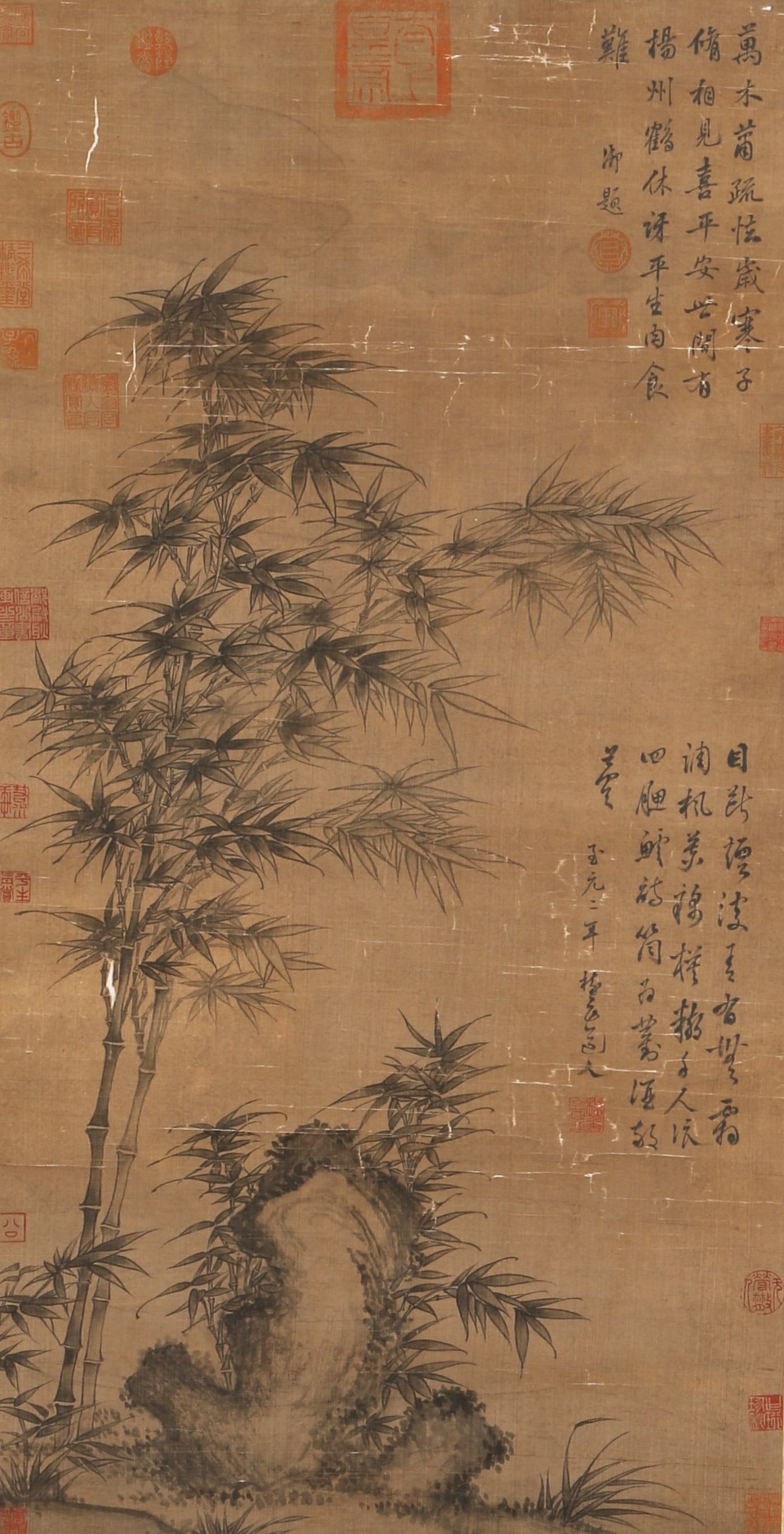 A SILK PAINTING OF INK BAMBOO BY WU ZHEN.吴镇: Silk Painting of Ink Bamboo by Wu Zhen.吴镇