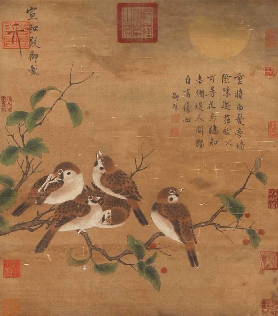 A SILK PAINTING OF FLOWERS AND BIRDS BY EMPEROR HUIZONG OF SONG.宋徽宗: Silk Painting of Flowers and Birds by Emperor Huizong of Song.宋徽宗