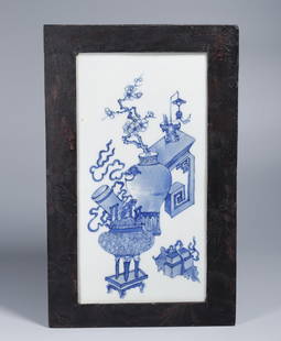 A BLUE AND WHITE PORCELAIN PLAQUE WITH STILL LIFE DESIGN: Blue and White Porcelain Plaque with Still Life Design