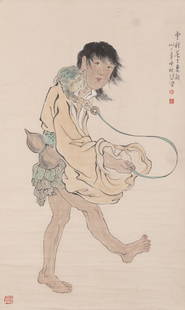 A LIU HAI PLAYING WITH THE GOLDEN TOAD ON PAPER BY XU BEIHONG.徐悲鸿: Liu Hai Playing with the Golden Toad on Paper by Xu Beihong.&#24464;&#24754;&#40511;