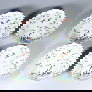 A SET OF FAMILLE ROSE PLATES WITH BAMBOO AND ROCK MOTIFS: Set of famille rose plates with bamboo and rock motifs