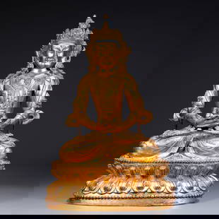 A GILT BRONZE AMITAYUS (LONG LIFE BUDDHA) STATUE: Gilt Bronze Amitayus (Long Life Buddha) Statue