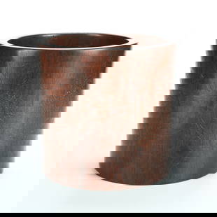 A HUANGHUALI WOOD BRUSH POT WITH LANDSCAPE PATTERN: Huanghuali wood brush pot with landscape pattern