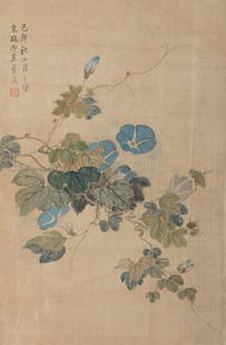 A INSECT AND PLANT PAINTING ON SILK BY LAN YING.蓝瑛: Insect and Plant Painting on Silk by Lan Ying.蓝瑛