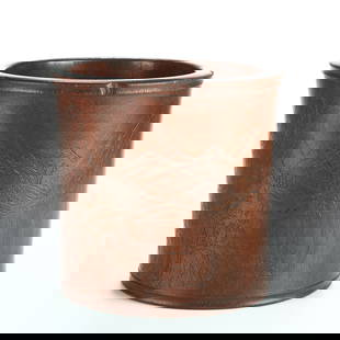 A HUANGHUALI WOOD BRUSH POT WITH LANDSCAPE PATTERN: Huanghuali wood brush pot with landscape pattern