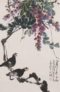A BIRD-AND-FLOWER PAINTING (MOUNTED FAN LEAF) ON PAPER BY QI LIANGCHI.齐良迟: Bird-and-Flower Painting (Mounted Fan Leaf) on Paper by Qi Liangchi.&#40784;&#33391;&#36831;