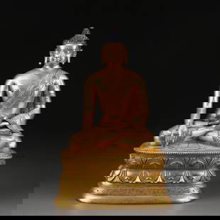 A GILDED BRONZE STATUE OF SHAKYAMUNI BUDDHA IN THE STYLE OF ZANABAZAR: Gilded bronze statue of Shakyamuni Buddha in the style of Zanabazar
