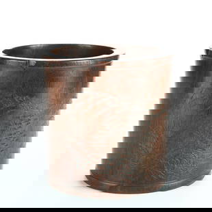 A HUANGHUALI WOOD BRUSH POT WITH LANDSCAPE PATTERN: Huanghuali wood brush pot with landscape pattern