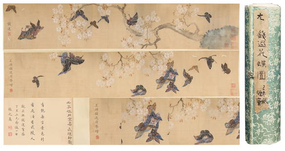 A FLOWERS AND BUTTERFLIES HANDSCROLL ON SILK BY QIAN XUAN.钱选: Flowers and Butterflies Handscroll on Silk by Qian Xuan.&#38065;&#36873;