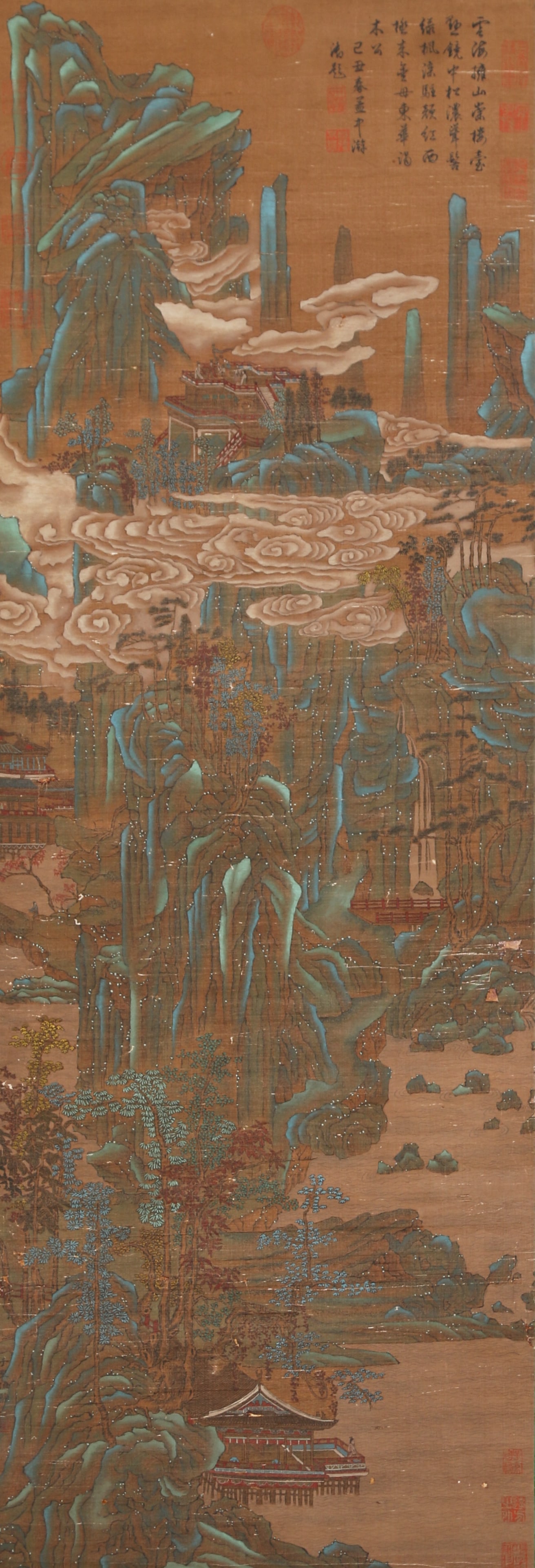 A IMMORTAL MOUNTAINS AND CLOUD PAVILIONS ON SILK BY ZHAO BOJU.赵伯驹: Immortal Mountains and Cloud Pavilions on Silk by Zhao Boju.赵伯驹