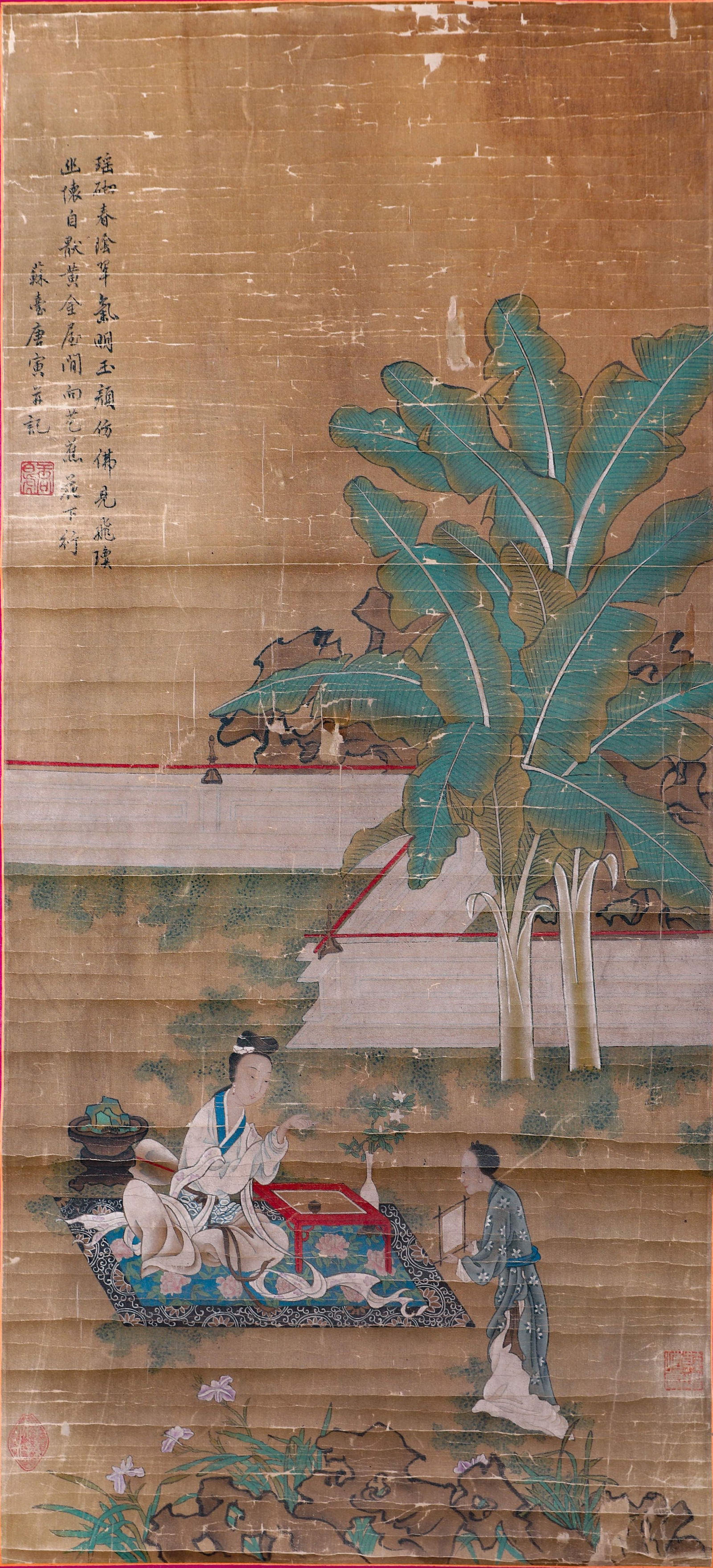 A FIGURE STORY PAINTING ON SILK BY TANG YIN.唐寅: Figure story painting on silk by Tang Yin.唐寅