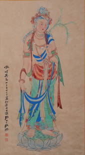 A BODHISATTVA PAINTING ON PAPER BY ZHANG DAQIAN.张大千: Bodhisattva painting on paper by Zhang Daqian.张大千