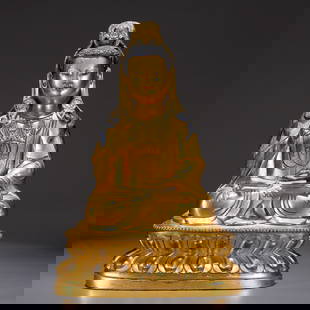 A GILT BRONZE GUANYIN BODHISATTVA STATUE: Gilt bronze Guanyin Bodhisattva statue