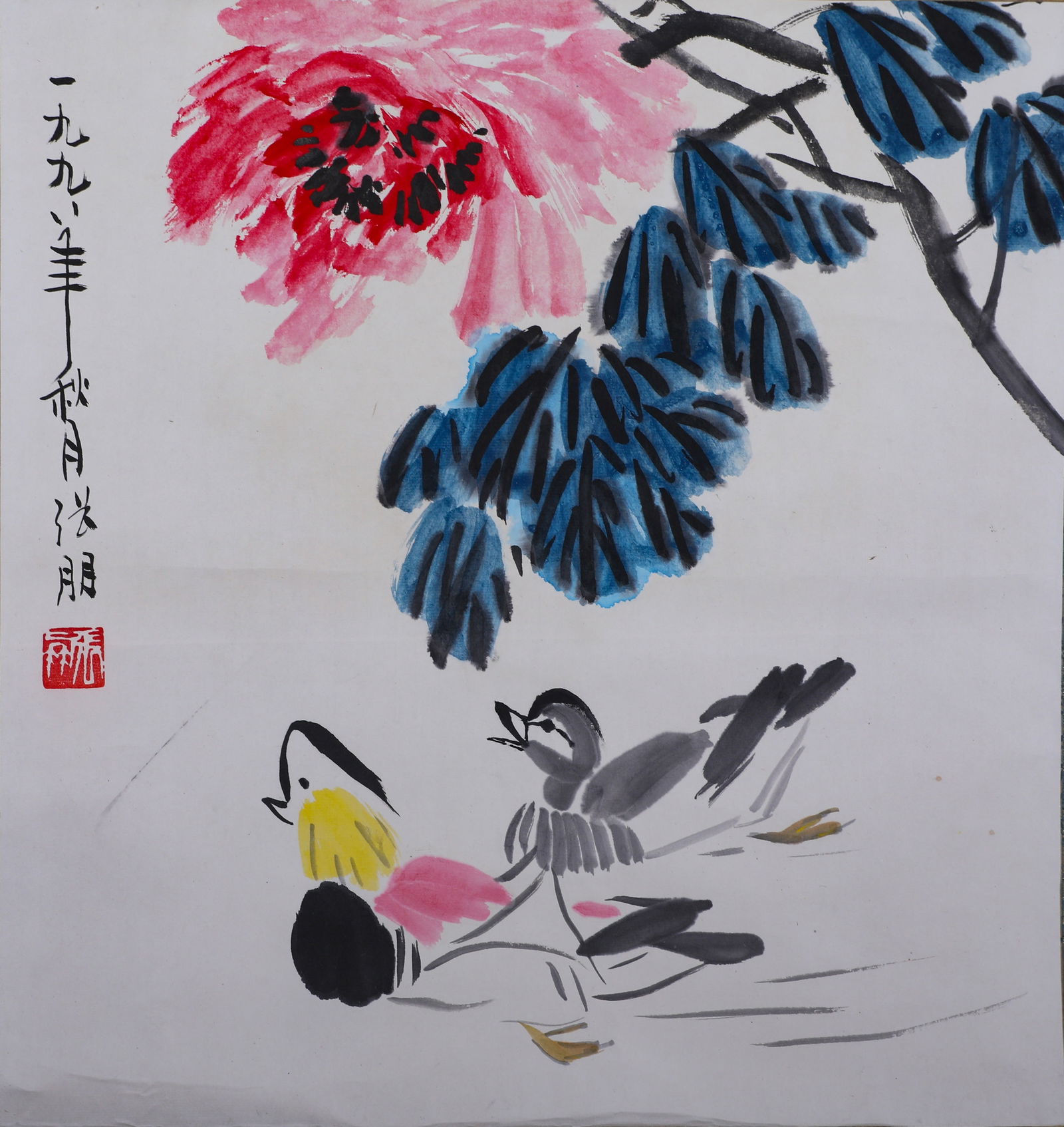 A FLOWER PAINTING ON PAPER BY ZHANG PENG.张朋: Flower painting on paper by Zhang Peng.张朋