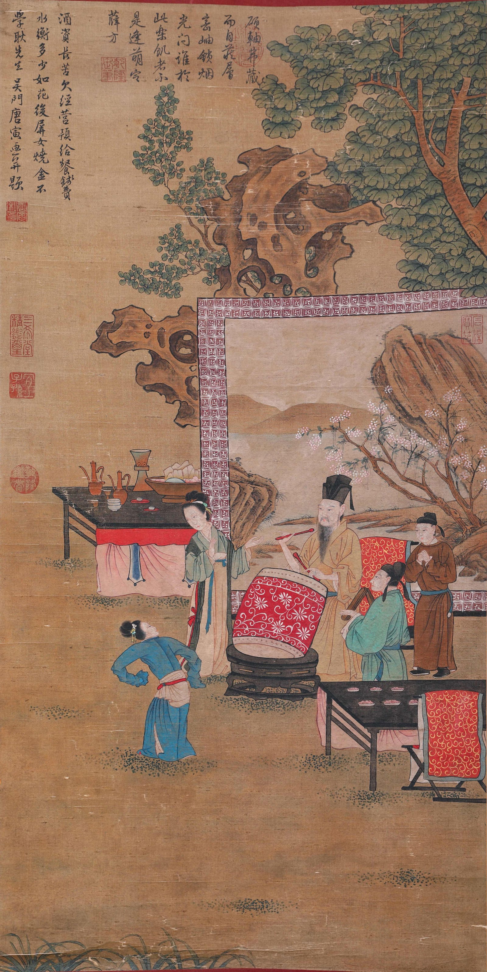 A FIGURE STORY PAINTING ON SILK BY TANG YIN.唐寅: Figure story painting on silk by Tang Yin.唐寅